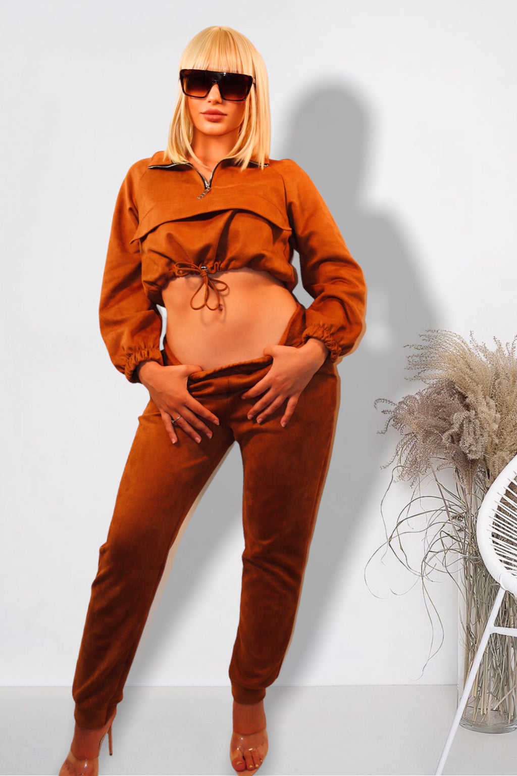 Velour Zip Front Co-Ord & Jogger Set (Rust)