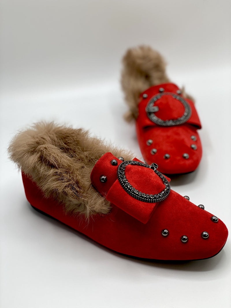 Faux Fur Loafers - Red