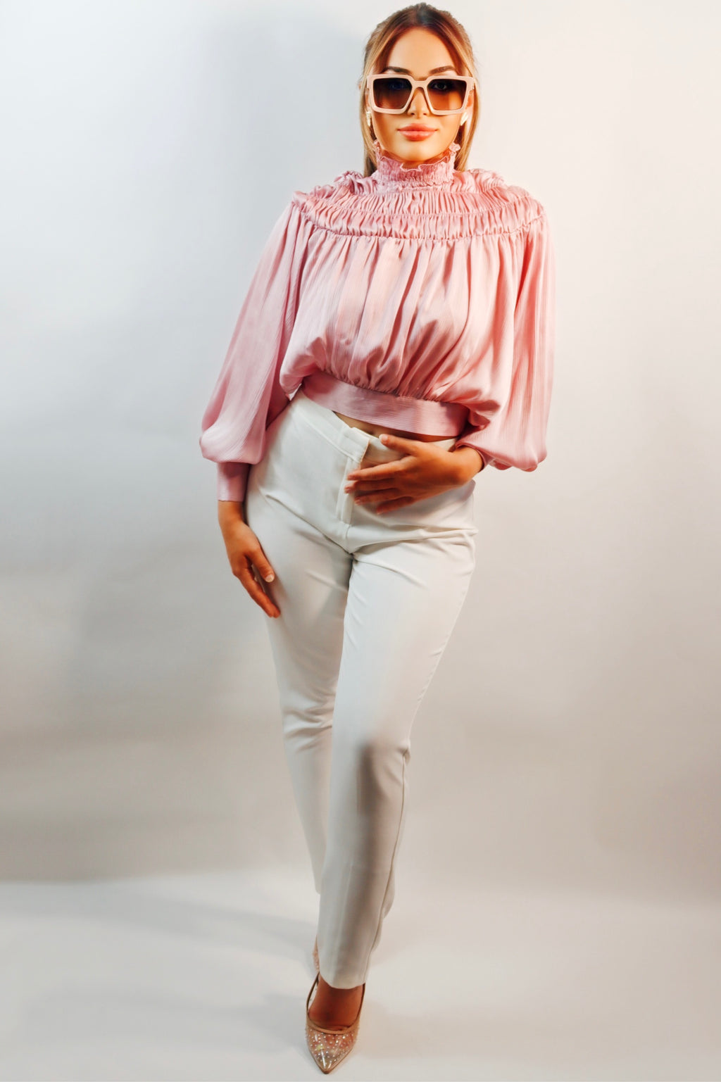 Balloon Sleeve Tie Back Blouse (Dusty Pink)