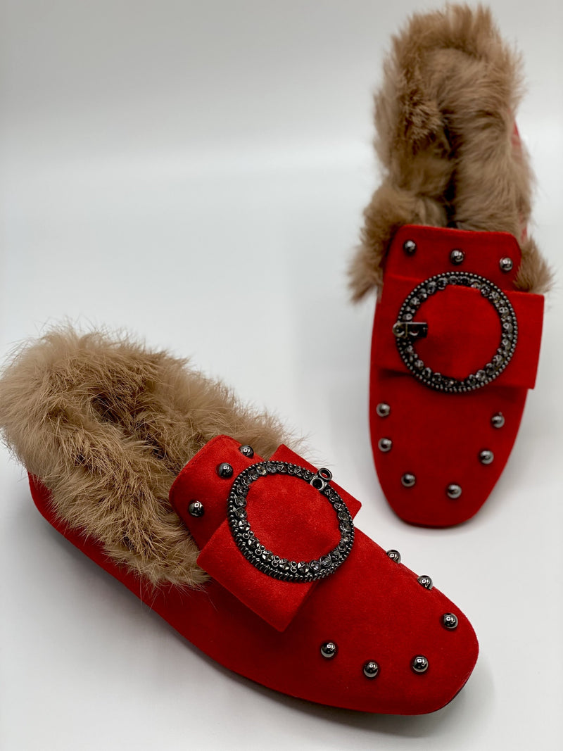 Faux Fur Loafers - Red