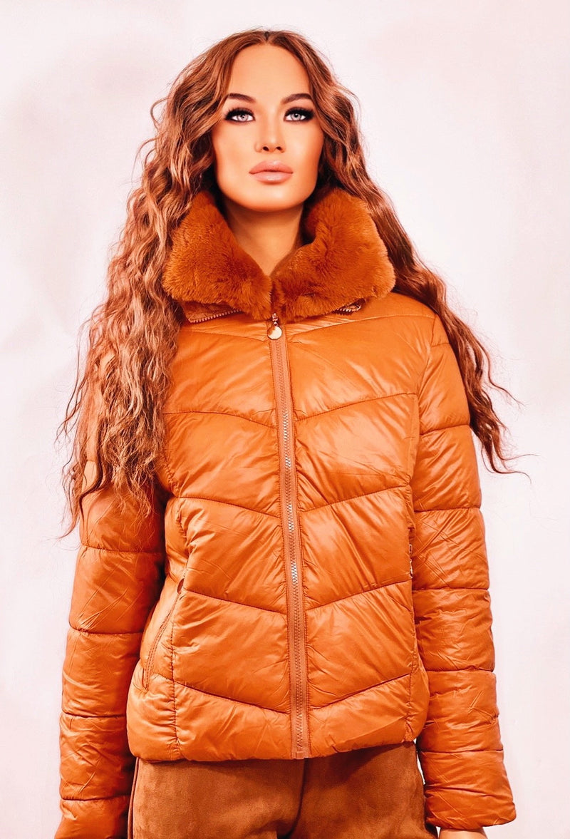 Padded Puffer Jacket With Faux Fur (Rust)