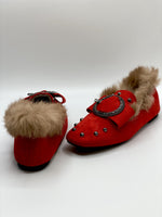 Faux Fur Loafers - Red