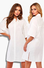 Cotton Mini Shirt Dress For Women (Off White)