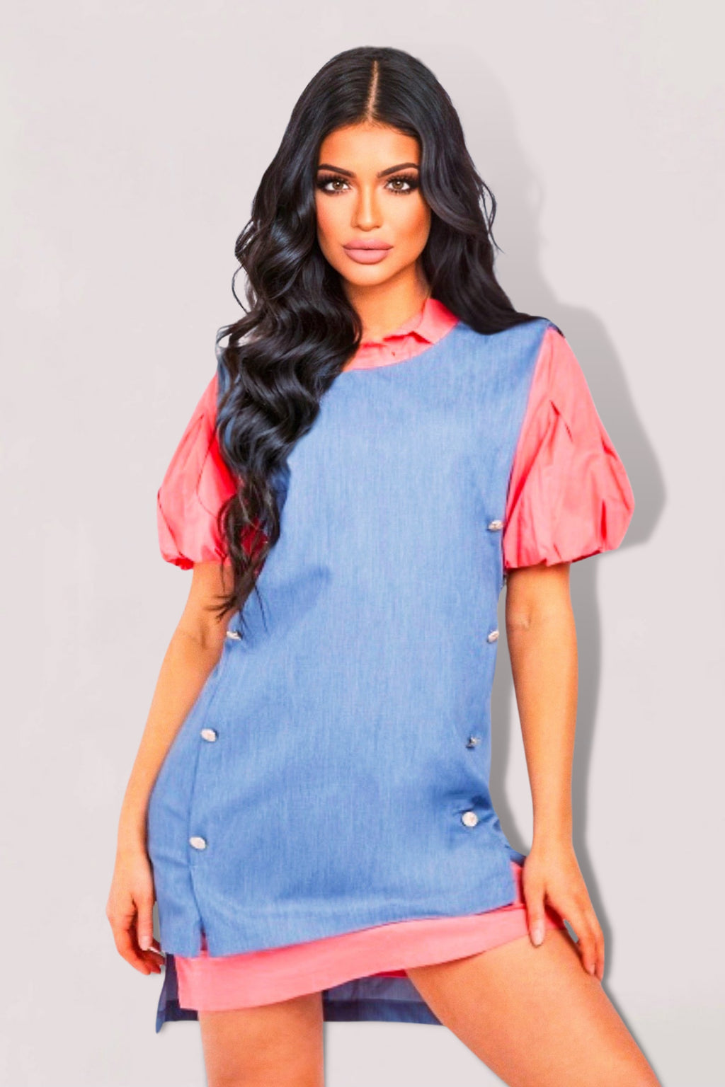 Puff Sleeve 2 In 1 Shirt Dress Outfit For Women