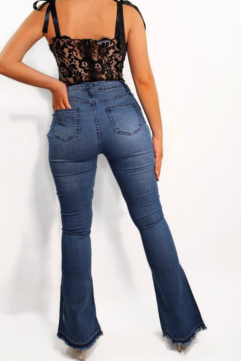 Women's High Waisted Bootleg Ripped Knee Jeans 