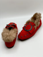 Faux Fur Loafers - Red