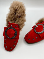 Faux Fur Loafers - Red