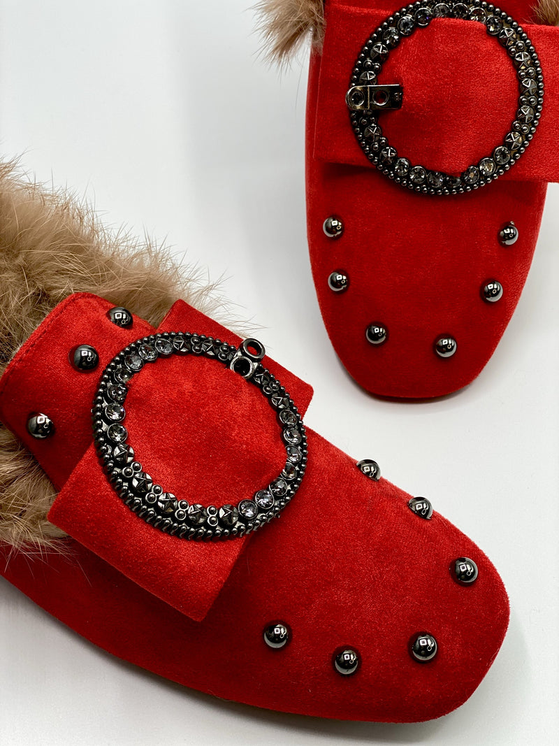 Faux Fur Loafers - Red