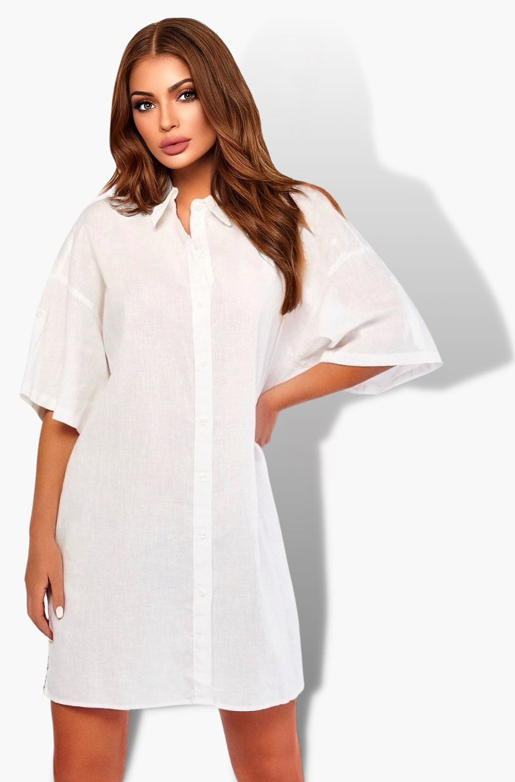 Cotton Mini Shirt Dress For Women (Off White)