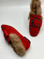 Faux Fur Loafers - Red